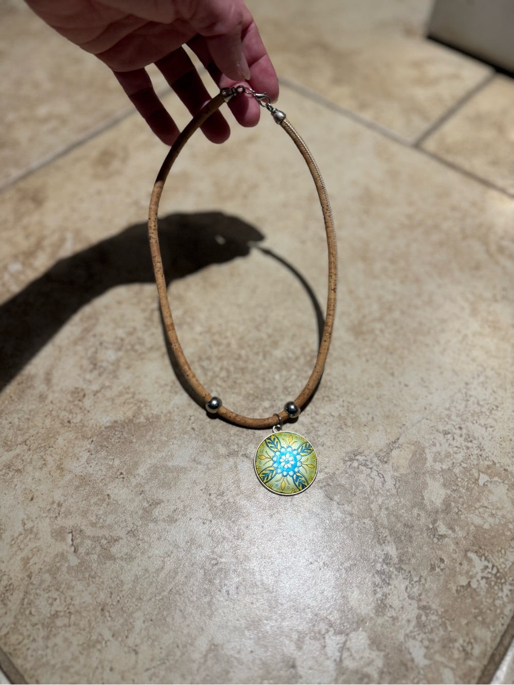Handmade Cork Necklace | Round Colored Pattern Applique | Natural Cork Thread
